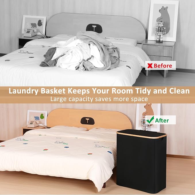 iEGrow 150L Laundry Basket with Lid,Large Laundry Hamper with Bamboo Handles, Hampers for Laundry, Dirty Clothes Hamper with 2 Removable Inner Bags for Clothes Towels,Black