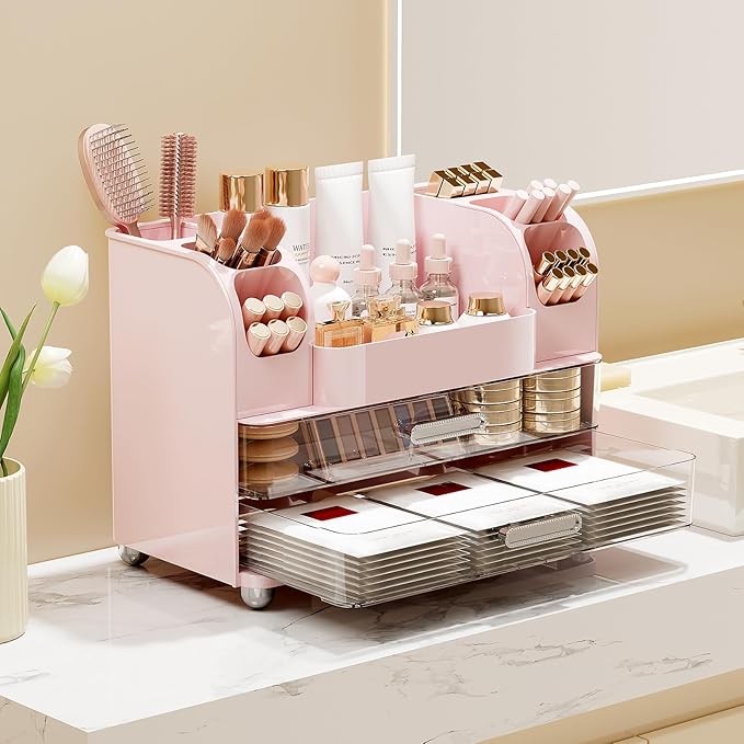 UFORU Makeup Organizer for Vanity with 2 Large Drawers, Cosmetic Display Case with Brush Holders, Easy to Storage for Bathroom Countertop Skincare, Perfume, Pink