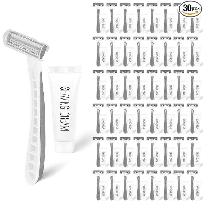 Disposable Razors Bulk, Razors Individually Wrapped Bulk, Travel Razors Bulk With 10g Shaving Cream For Hotels, Shelters, Homeless, Nursing Homes, Charities, Churches (Gray,30-PACK)