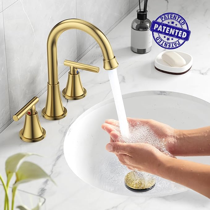 Bathroom Faucets for Sink 3 Hole, Hurran Brushed Gold Bathroom Sink Faucet with Pop-up Drain and Supply Lines, Stainless Steel Lead-Free Widespread Faucet for Vanity RV Farmhouse Sink