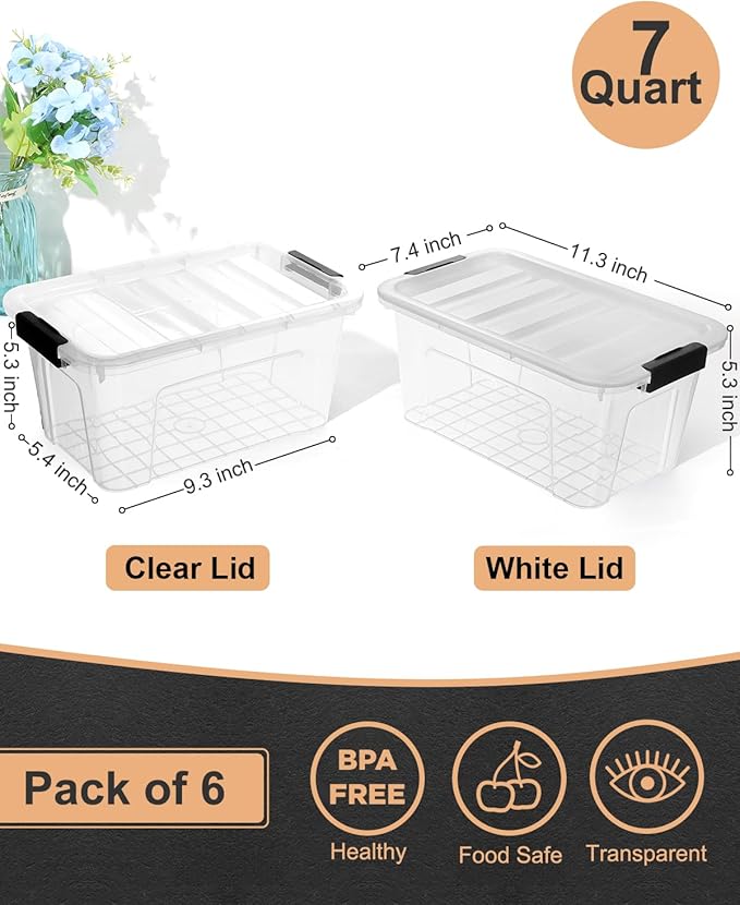 EOENVIVS Plastic Storage Bins with Lids 6 Pack, 7 Quart Storage Containers With Black Buckle Latch, Stackable Storage Organizers for Home Pantry Office Classroom Organization, Clear