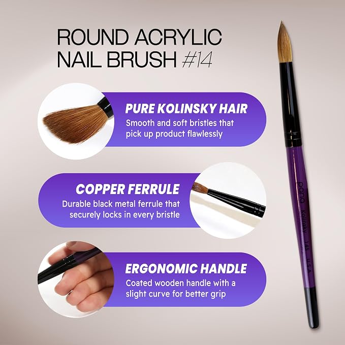 PANA Pure Kolinsky Hair Acrylic Nail Brush - Round Shape Black Ferrule with Purple Wood Handle (Size 14) - for Acrylic Nail Application, Nail Extension, Manicure Pedicure Salon Beginner & Professional
