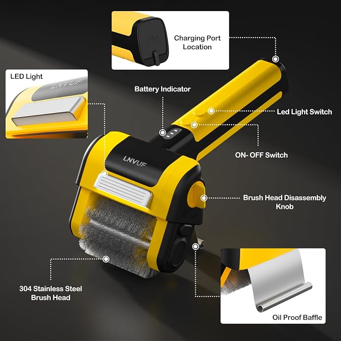 Electric Grill Brush, Grill Cleaner with LED Light, with 800 RPM Motor, Heavy Duty Grill Cleaning Tool (Yellow), Personalized Father s Day Gift s for Dad
