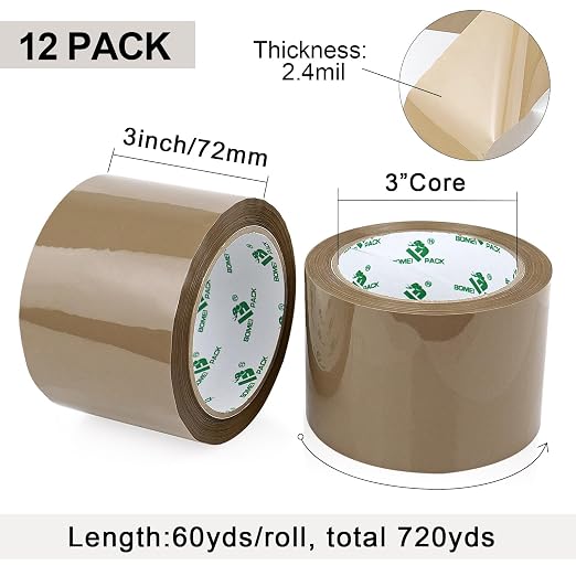 BOMEI PACK 3inch Brown Packing Tape, 12 Refills Rolls Wide Packaging Tape for Moving, Shipping and Storage, 2.4 Mil x 60 Yards