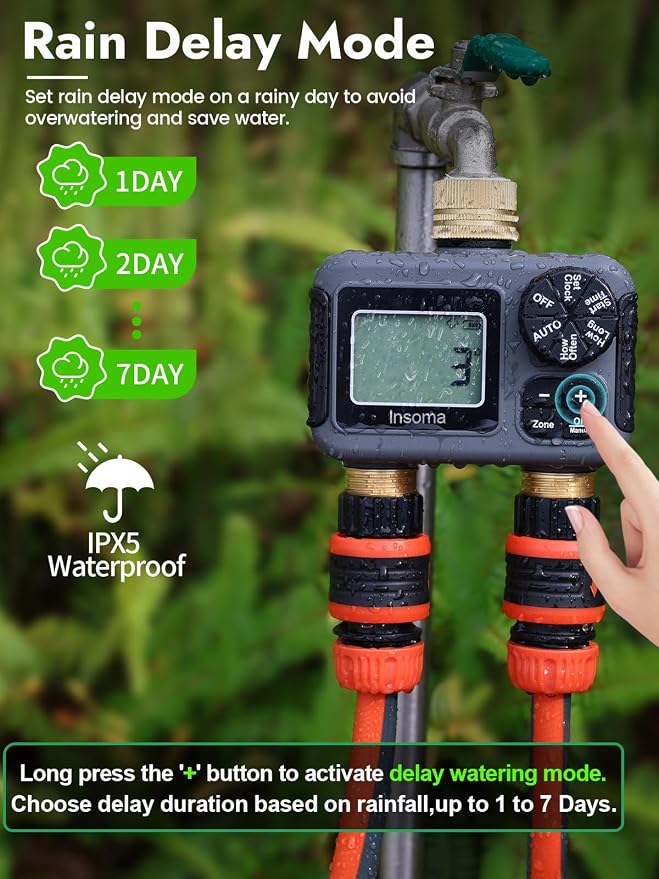 Insoma 2-Zone Water Timer Brass Inlet/Outlet, Programmable Outdoor Hose Faucet Timers with Auto/Manual Modes + Rain Delay, Waterproof Sprinkler Timer for Garden, Lawn, Yard, Pool | Save Water & Money