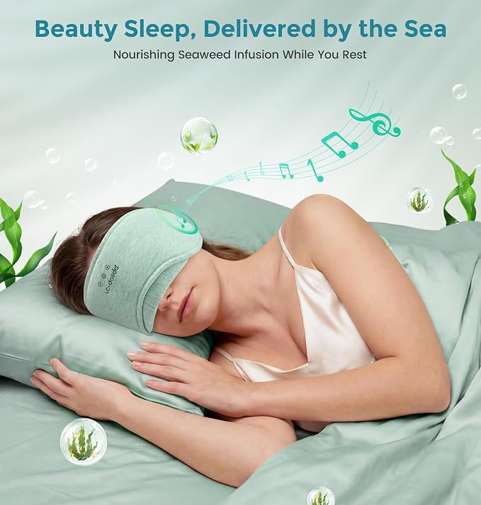 LC-dolida Sleep Masks with Bluetooth Headphones, Soft Seaweed Fiber Cotton Bluetooth Sleep Mask, Total Blackout Fully Wrapped Sleep Mask for Side Sleepers, Travel Meditation Gift, Green