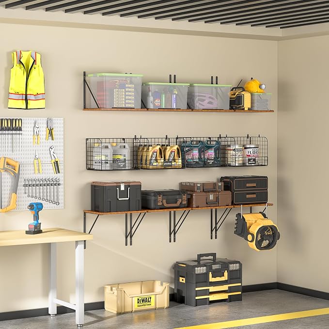 ThreeHio 2 Pack Garage Shelves Wall Mounted with Wire Storage baskets, Heavy Duty Garage Wall Shelving with Hooks, Wooden floating shelves Tool Organizer for Home Garden Garage Organizers and Storage