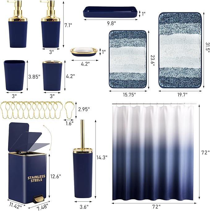 Bathroom Sets with Shower Curtain and Rugs Bathroom Accessories Set Navy Blue Bathroom Set,Soap Dispenser & Toilet Brush Holder Set with Stainless Steel Trash Can(23 PCS)