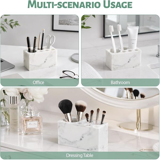 BCS Toothbrush Holder for Bathrooms, 6 Slots Open-Bottom Marble Toothbrush Organizer, Makeup Brush Stand Toothbrush Storage Collection for Bathroom Countertop Vanity Organization - Grigio Fantasy