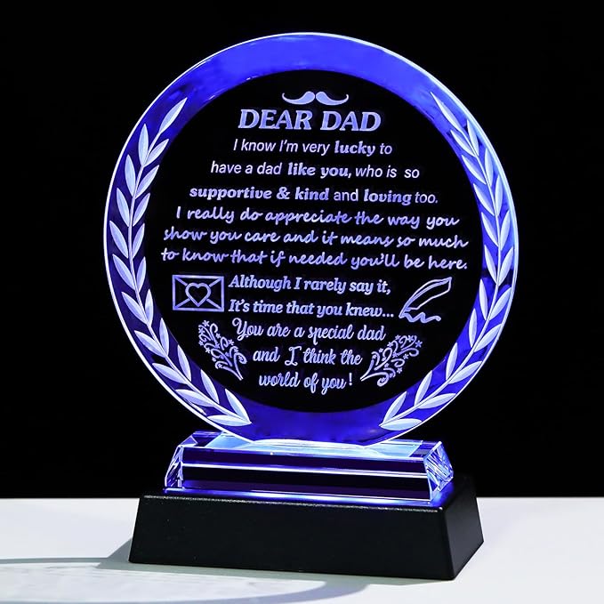 Arikyrist Fathers Day Dad Gifts from Daughter Son Crystal Dad Plaque with LED Light Base Presents for Dad's Birthday Christmas