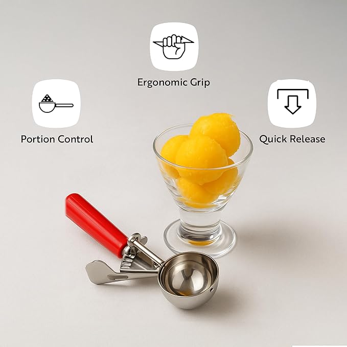 Restaurantware Met Lux 8 Ounce Portion Scoop 1 Durable Disher Scoop - Thumb Trigger Orange Stainless Steel Ice cream Disher For Portion Control For Ice Cream Mashed Potato And Cookie Batter
