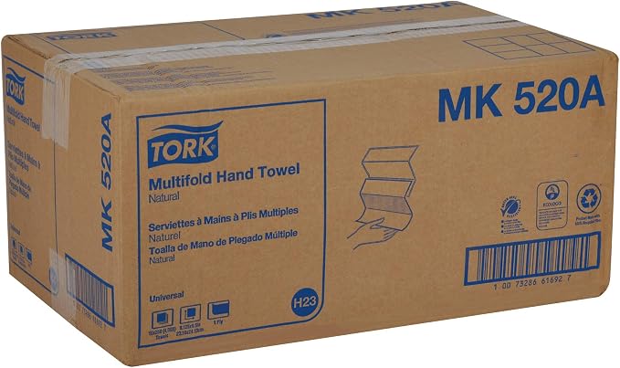 Tork Multifold Hand Towel, Natural, 100% recycled, FSC certified, Compatible with H2 Dispensers, 16 packs x 250 sheets (MK520A) | 1-Ply Paper, 100% Recycled Fiber, 250 Per Bundle, H2 Dispenser Compatible, Touch Free Dispensing, 9.5 x 9.1 in