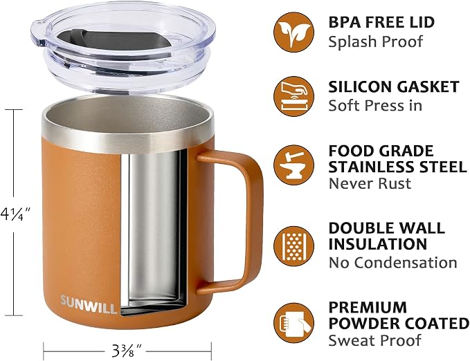 SUNWILL Insulated Coffee Mug, Stainless Steel 14 oz, Splash-Proof Lid | Keeps Drinks Hot & Cold, Powder Coated Caramel Finish, Dishwasher Safe, Ideal for Home & Office