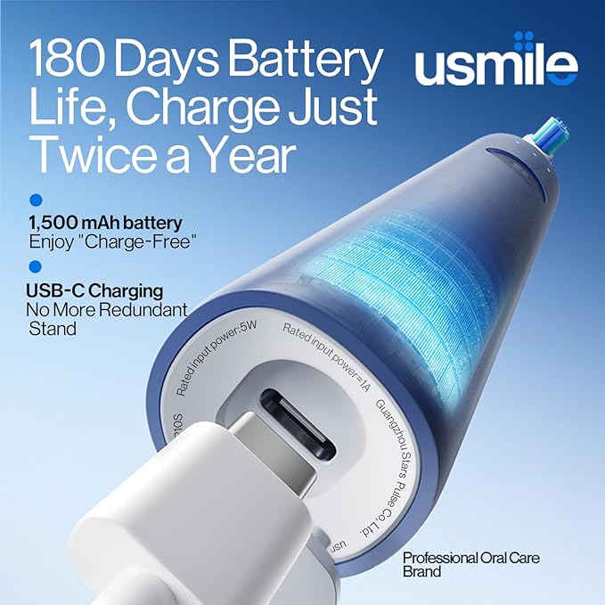 usmile P10S Sonic Electric Toothbrush – 3 Modes Deep Clean & Whitening, 180-Day Battery Life, Cushioned Gum-Care Brush Head for Sensitive Teeth, Smart Timer, 2 Brush Heads (Blue)