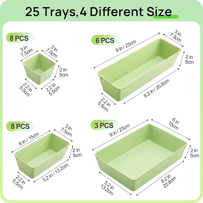 Vtopmart 25 PCS Plastic Drawer Organizers Set, 4-Size Versatile Bathroom and Vanity Drawer Organizer Trays, Storage Bins for Makeup, Bedroom, Kitchen Gadgets Utensils and Office, Light Green