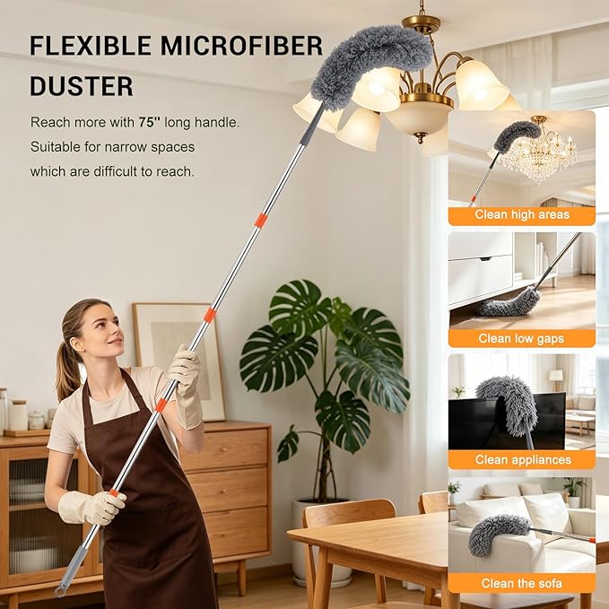 76 Inch Ceiling Fan Cleaner with Long Handle, 360° Fan Blade Cleaner, High Ceiling Duster Cleaning Kit with Cobweb Brush, Chenille and Microfiber Duster for Blinds, Walls and Light Fixtures
