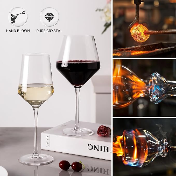 Physkoa Wine Glass Set of 4 – 2 Red (23oz) & 2 White (14oz) Hand-Blown Crystal Glasses with Corkscrew, Perfect Gifts for Birthday, Engagement, Wedding & Housewarming Mother's Day