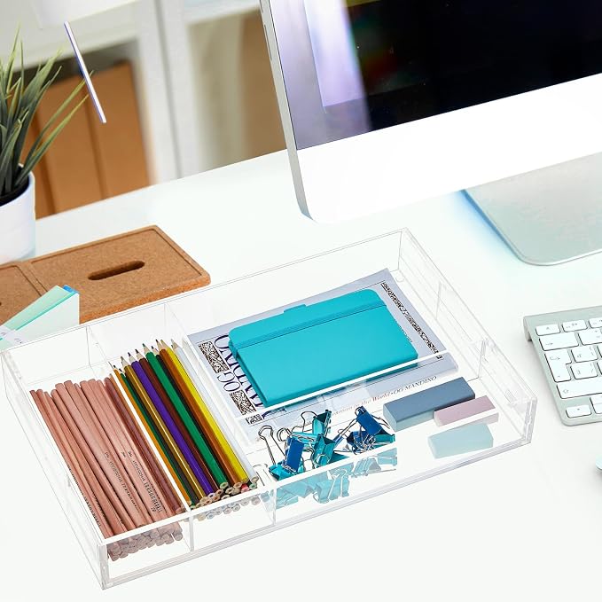 Briwooody 1 Pcs Acrylic Desk Drawer Organizer 9'' up to 18'' x 15'' x 2.1'' Expandable Drawer Organizer Trays with 7 Adjustable Compartments Clear Desk Accessories for Makeup Office Bathroom
