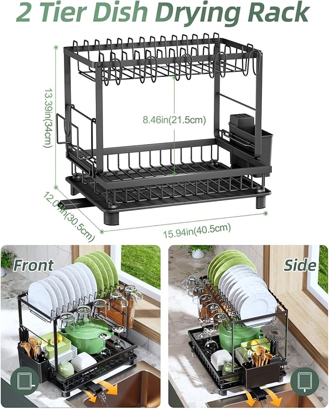 Dish Drying Rack, 2 Tier Space-Saving Dish Rack, Multifunctional Dish Drainer for Kitchen Counter with Drainboard/Utensil/Cup Holder Rustproof Carbon Steel, Black