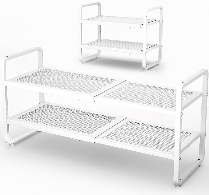 SNTD Shoe Rack - Expandable Shoe Organizer for Closet, Adjustable Metal Shoe Shelf Storage, Stackable Long Shoe Stand Holder for Garage, Entryway, Door Entrance (White, 2-Tier)
