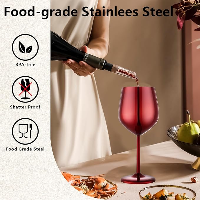 UNISWEET Unbreakable Stainless Steel Wine Glasses Set of 2, Mirror Red | 17oz Unique Fancy Metal Wine Goblets, Shatterproof, Ideal for Outdoor, Camping, Travel, Pool, Great Gift for Wine Lovers