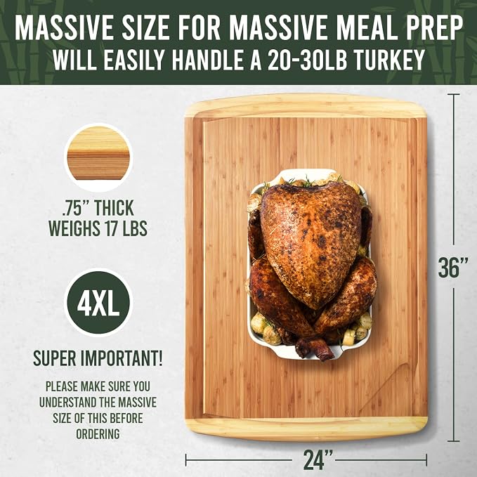 GREENER CHEF 36 x 24 Inch Extra Large Bamboo Cutting Board with Lifetime Replacements – 4XL Butcher Block, Oversized Carving & Charcuterie Board, Stovetop Cover for Kitchen Counter Space