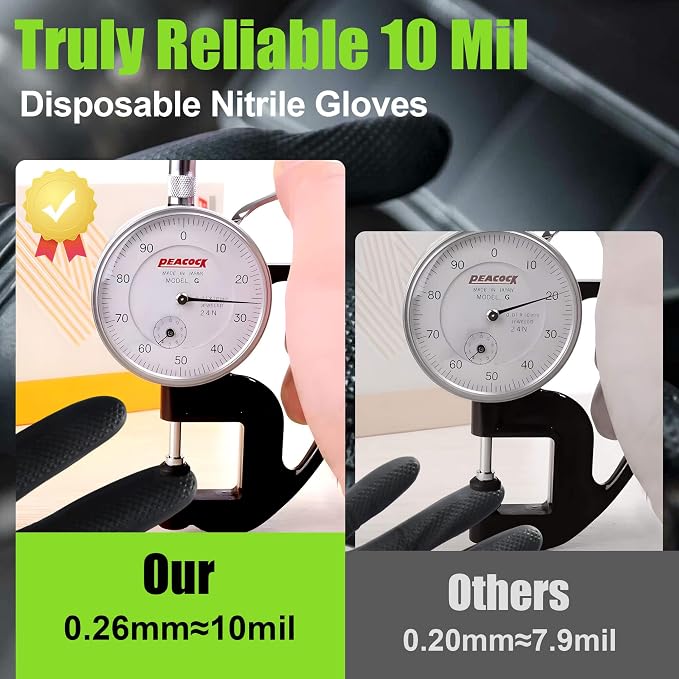 TREEGO 10 Mil Heavy Duty Black Nitrile Mechanic Gloves, 100 Count M | Diamond Grip Rubber Gloves, Latex & Powder Free for Auto Repair, Routine Maintenance, Tool Handling & Shop Work