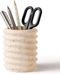 Pen Holder Stand for Desk, Natural Travertine Stone Makeup Brush Holders, Modern and Functional Pencil Cup for Office Supplies Tableware Organizer for Home Decor School Beige (PH90110)