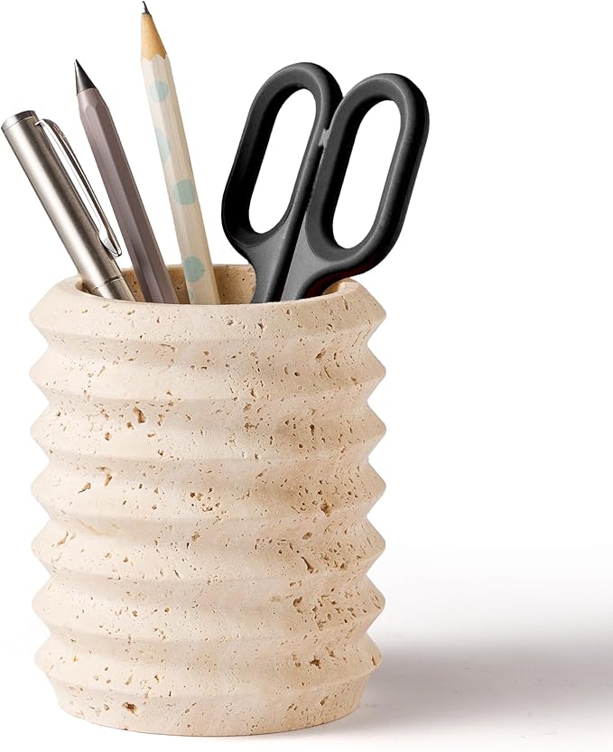 Pen Holder Stand for Desk, Natural Travertine Stone Makeup Brush Holders, Modern and Functional Pencil Cup for Office Supplies Tableware Organizer for Home Decor School Beige (PH90110)