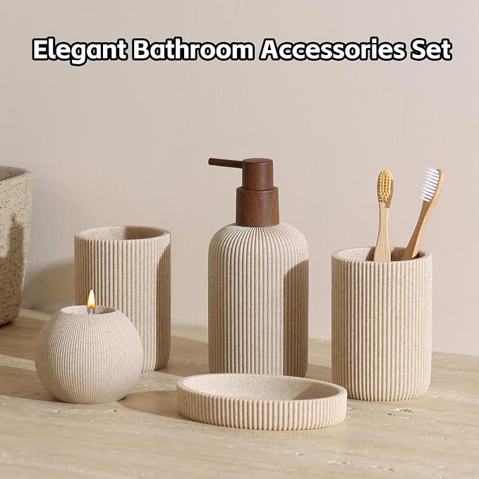 Bathroom Accessories Set, 5 PCS Modern Bath Organizer, Beige | Sandstone Look, Stripe,13.53 OZ Soap Dispenser,Toothbrush Holder,Tumbler,Soap Dish,Candle Holder for Countertop Kitchen Sink