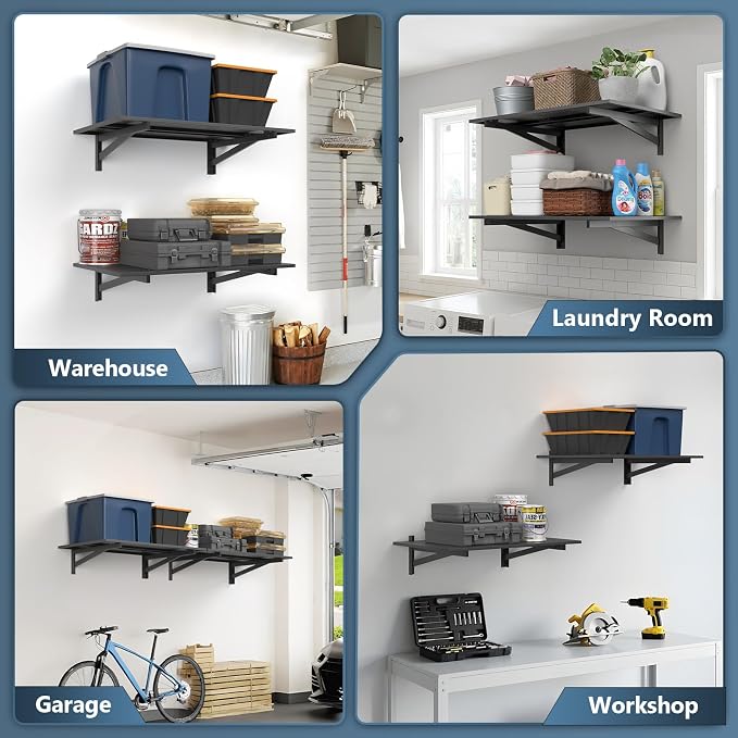 Jusgym 2 Pack Heavy Duty Garage Wall Shelving (2x3ft), 700lbs Capacity Garage Shelving Wall Mounted, 24"x72"Garage Storage Rack Floating Shelves, Black