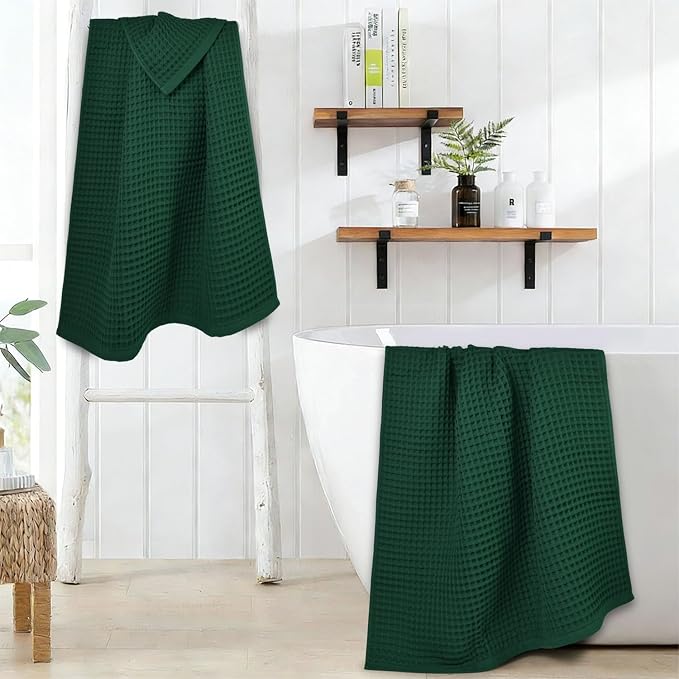 Waffle Bath Towels 2-Piece (Forest Green) - Cotton, Soft, Quick Dry | 31” x 62” Shower Towels for Bathroom Decor, Beach, Guest