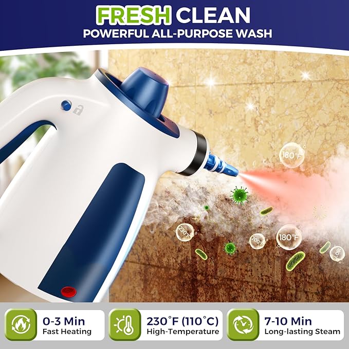 Handheld Steam Cleaner, 230°F Pressurized Steamer with No Water Spitting & Continuous Steam, 350ML Chemical-Free Deep Cleaning for Grease & Grime, 12 Accessories for Grout, Bathroom, Kitchen & Car