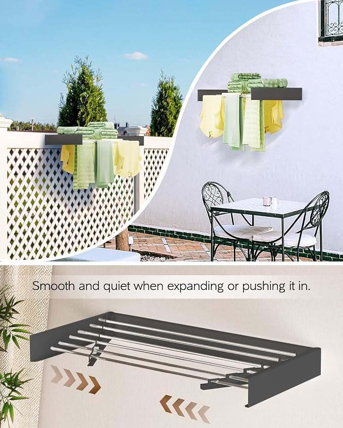 Vikaqi Wall Mounted Clothes Drying Rack 40", Foldable Wall Mount Laundry Rack Folding Indoor, Drying Rack Clothing Collapsible, Hidden Space Saver with Wall Template, 6 Rods, Black