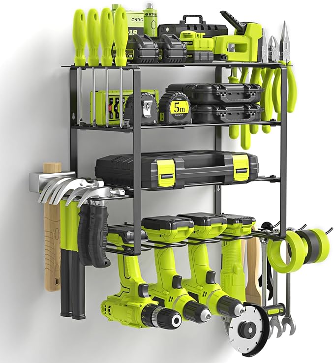 SUNALLY Power Tool Organizer, 4 Drill Holder Wall Mount, Garage Tool Organizer and Storage with Screwdriver Holder, Garage Organization, 4 Layer Cordless Drill Holder with Hammer Holder