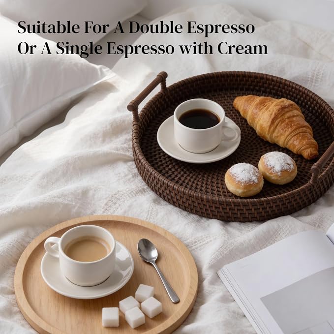DOWAN 2.5 OZ Stackable Espresso Cups, Porcelain Coffee Cups with Saucers Set of 4, White Espresso Shot Cup, Tea Cups for Home, Office and Cafe Use