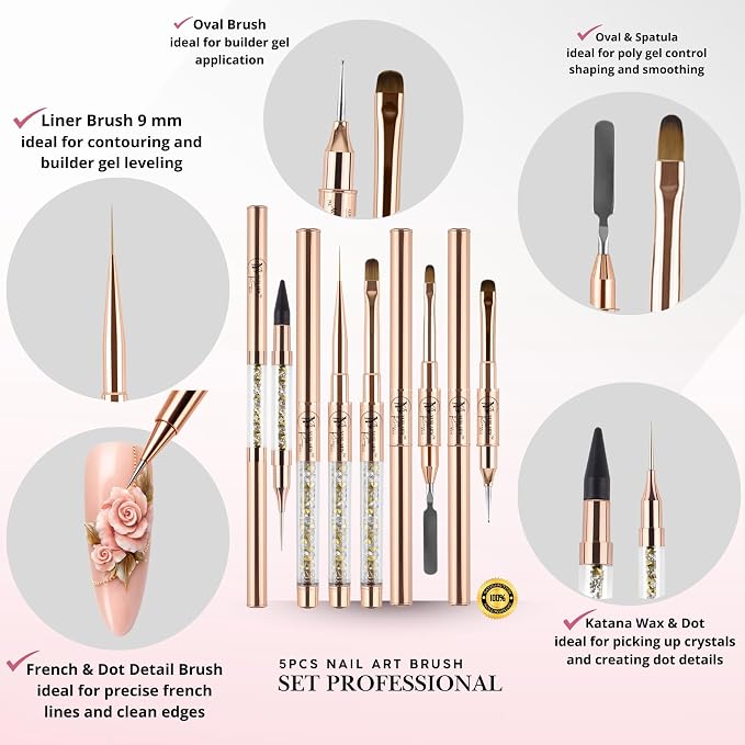 Yuslaidy Set pinceles Double Ended Nail Builder Gel Brush, French Tip Brush Hard Gel for Nails Pinceles cepillo de limpieza para esmalte de uñas de gel, Cepillo francés para uñas