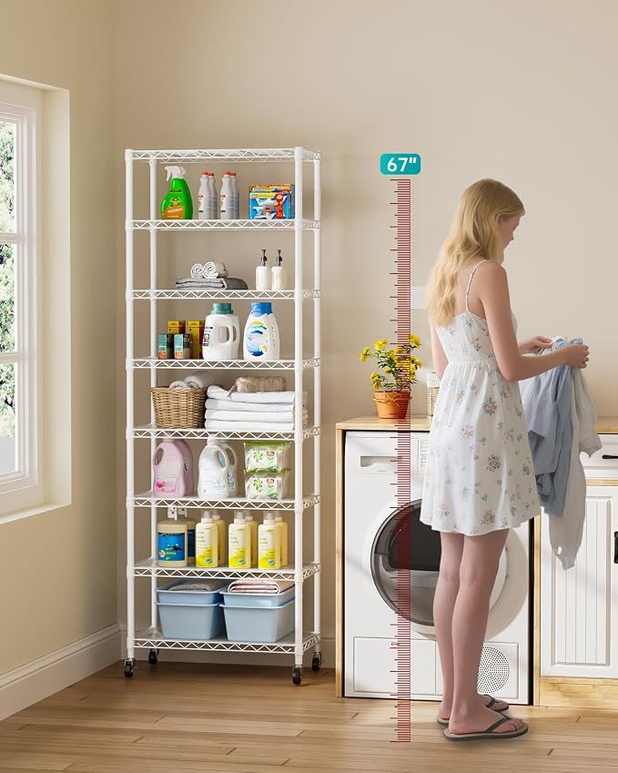Golpart 8 Tier Shelves Storage Shelf Wire Closet Bathroom Organizers Metal Pantry Kitchen Garage Shelving Unit Laundry Room Organization Home Rack Net Basket Black with Wheels 12”D X 22”W X 74.2”H