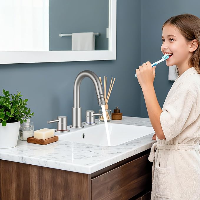 Brushed Nickel Pull Down Bathroom Faucet 3 Hole with Pop Up Drain, Bathroom Sink Faucet with Pull Down Sprayer 2 Modes, 8 inch Widespread Gold Faucet for Bathroom Sink, 2 Handle Vanity Faucet
