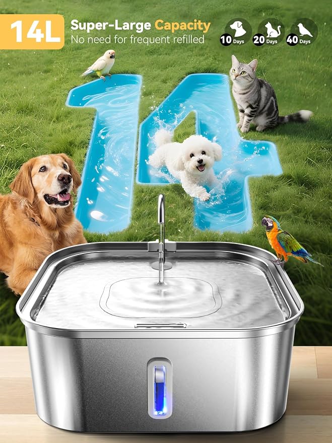 Large Dog Water Fountain 14L/3.7Gal, Stainless Steel Pet Fountain for Large Dogs and Multi-Pets Families, Visible Window & Extra Wide Drinking Area, Enlarges Capacity & Saves Space (with 3pcs Filters)