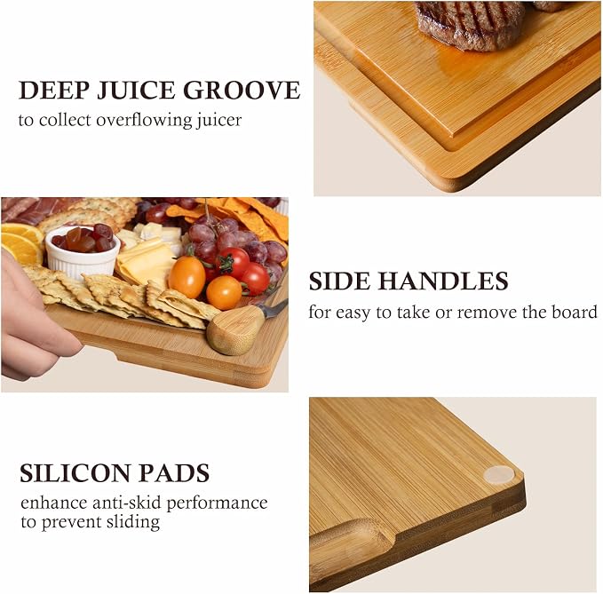 Bamboo Cutting Boards for Kitchen, 3 Piece Extra Thick Cutting Board Set with Juice Groove, Deep Carbonized Bamboo Chopping Board, Reversible Wood Cutting Board for Meat, Charcuterie & Serving