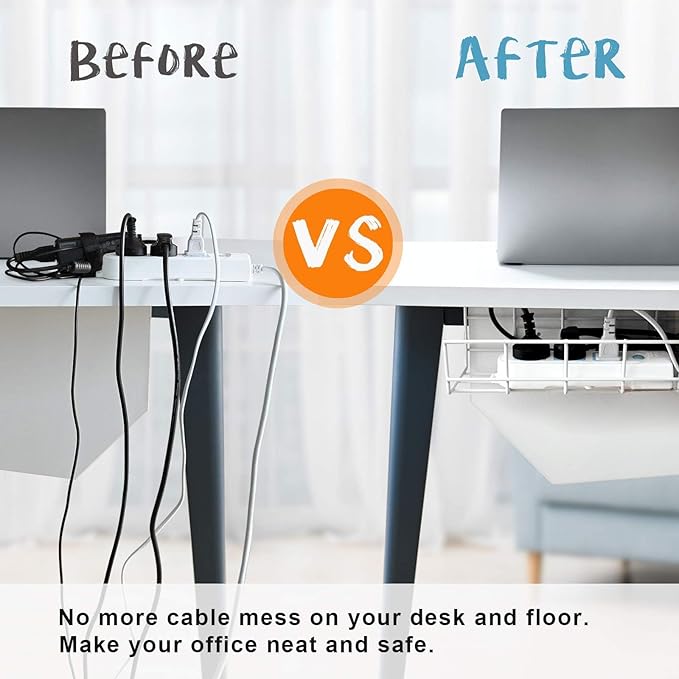 Under Desk Cable Management- 1 Pack Cord Organizer. Metal Wire Cable Management Tray for Office, Studio and Home. Super Sturdy Under Table Cable Management - White Cable Organizer