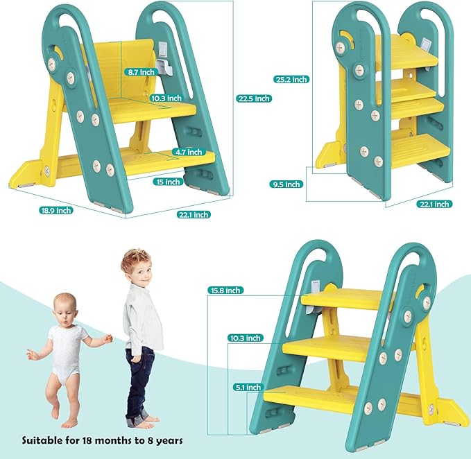 Onasti Folding Step Stool with Adjustable Height, 3-Step Converts to 2-Step, Sturdy Anti Slip Bathroom Step Stool for Toilet, Bathroom Sink, Kitchen Counter, Space Saving Design for Home Use- Green