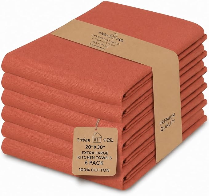Urban Villa Kitchen Towels 100% Cotton Dish Towels for Kitchen(Set of 6) 20”x30” Dish Cloths Highly Absorbent Kitchen Linen Set with Hanging Loop Perfect for Drying Dishes Cleaning Hand Towels – Rust
