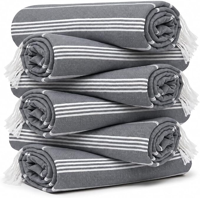 HAVLULAND Turkish Beach Towel Set of 6 Oversized 72x40 100% Turkish Cotton | Soft Hammam Peshtemal, Sand Free, Quick-Dry, Absorbent Bath Towel | Lightweight & Compact for Travel, Pool, Gym, Spa - Grey