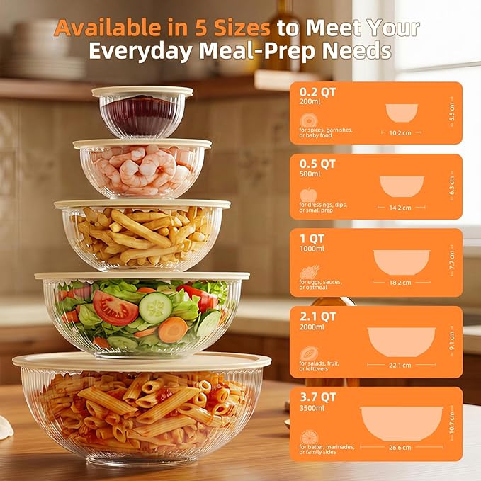 Glass Mixing Bowls with Lids Set - 5 Packs, Borosilicate Nesting Glass Bowls (3.7-2.1-1-0.5-0.2QT) for Baking, Salad, Meal Prep, Serving, Food Storage, BPA Free & Dishwasher Safe