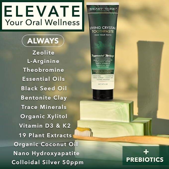 Theobromine & Hydroxyapatite Toothpaste | Living Crystal | Fluoride Free | Colloidal Silver, Bentonite Clay, L-Arginine | Low Abrasion Tested | Mint