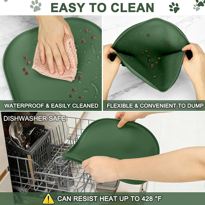SMILOOL Waterproof Silicone Pet Food Mat with Raised Edge for Dog & Cat | 12" x 12" Non-Slip Small Pet Feeding Mats with Lip for Food & Water Bowl, Food Grade, Easy Cleaning, Dark Olive