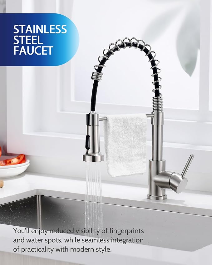 LUFEIDRA Stainless Steel Kitchen Faucet with Sprayer-High Arc Dual Function Brushed Nickel Sink Faucet, Commercial Single Handle One Hole Spring Faucet for RV Farmhouse Camper Laundry Pot Filler