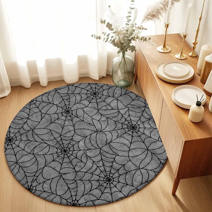 Round Area Rug 6', Grey Halloween Washable Area Rugs for Living Room Kitchen Bedroom Nursery Dining Room, Black Spiders Net Classic Gingham Non Slip Door Mat Indoor Floor Throw Circle Carpet